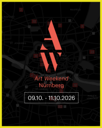 Rotes Logo mit den Buchstaben A und W über der roten Schrift 'Art Weekend Nürnberg' vor dunklem Stadtplan von Nürnberg mit markierten Orten