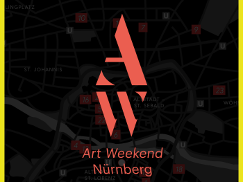 Copyright: GALERIE VON&VON Rotes Logo mit den Buchstaben A und W über der roten Schrift 'Art Weekend Nürnberg' vor dunklem Stadtplan von Nürnberg mit markierten Orten