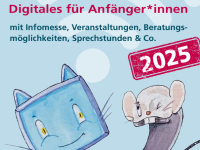 Flyer mit Titel "Digitales für Anfänger*innen" 2025 mit Maus und Computerbildschirm