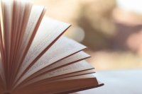 Aufgeschlagenes Buch mit fächerförmig aufgestellten Seiten.