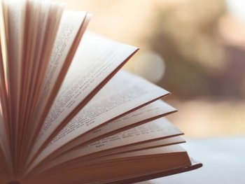 Aufgeschlagenes Buch mit fächerförmig aufgestellten Seiten.