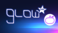 Leuchtschrift „Glow“ mit einem Stern-Symbol „14+“ und einem Kürbis-Icon in Neonoptik vor blau-violettem Hintergrund.