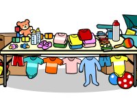 Illustration eines Verkaufstisches mit Babykleidung, Spielzeug, Schnullern, Fläschchen und einem Kinderwagen für einen Flohmarkt.