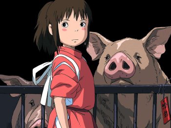 Copyright: 2001 Hayao Miyazaki; Studio Ghibli, NDDTM
Animierte Figur in rotem Gewand steht neben einem eingezäunten Schwein, im Hintergrund weitere Schweine.