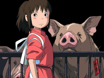 Copyright: 2001 Hayao Miyazaki; Studio Ghibli, NDDTM Animierte Figur in rotem Gewand steht neben einem eingezäunten Schwein, im Hintergrund weitere Schweine.