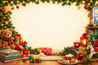 Weihnachtlich dekorierter Rahmen mit Teddybär, Spielzeug, Büchern, Plätzchen, Kakao und Schaukelpferd um ein leeres Textfeld in der Mitte.