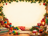 Weihnachtlich dekorierter Rahmen mit Teddybär, Spielzeug, Büchern, Plätzchen, Kakao und Schaukelpferd um ein leeres Textfeld in der Mitte.