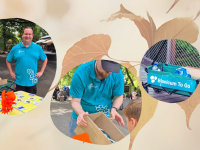 Bionicum-Mitarbeiter in türkisfarbenen Shirts präsentieren an einem Infostand im Freien Lernmaterialien und einen Bollerwagen mit der Aufschrift „Bionicum To Go“.