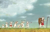 Illustration einer Ziegenmutter mit Wanderstab und Korb, die von sieben kleinen Ziegen in einer Reihe über eine Wiese begleitet wird.