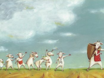 Copyright: Mladinska Knjiga Illustration einer Ziegenmutter mit Wanderstab und Korb, die von sieben kleinen Ziegen in einer Reihe über eine Wiese begleitet wird.