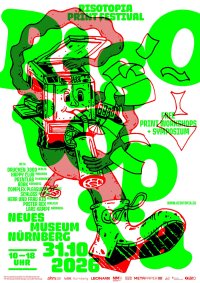 Zweifarbige Illustration eines Risographie-Druckers mit Gesicht, der aus einem Cocktailglas trinkt und Seiten ausspuckt. mit Schriftzug "Risotopia Print Festival" und "Free Print Workshop + Symposium