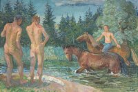 Impressionistisches Gemälde, auf dem zwei unbekleidete Personen am Ufer stehen und einer Person mit zwei braunen Pferden in einem Waldsee zusehen.