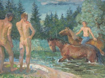 Impressionistisches Gemälde, auf dem zwei unbekleidete Personen am Ufer stehen und einer Person mit zwei braunen Pferden in einem Waldsee zusehen.