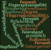 Wörterwolke auf dunkelgrünem Grund mit grünen und orangefarbenen deutschen Begriffen wie Fernweh, Feierabend, Brückentag, Fingerspitzengefühl und Geborgenheit.