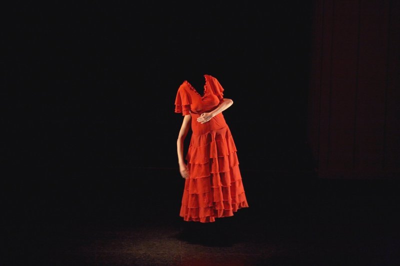 A stage plunged in darkness. A red airy dress seems to dance on it, two arms reach around it from behind.
