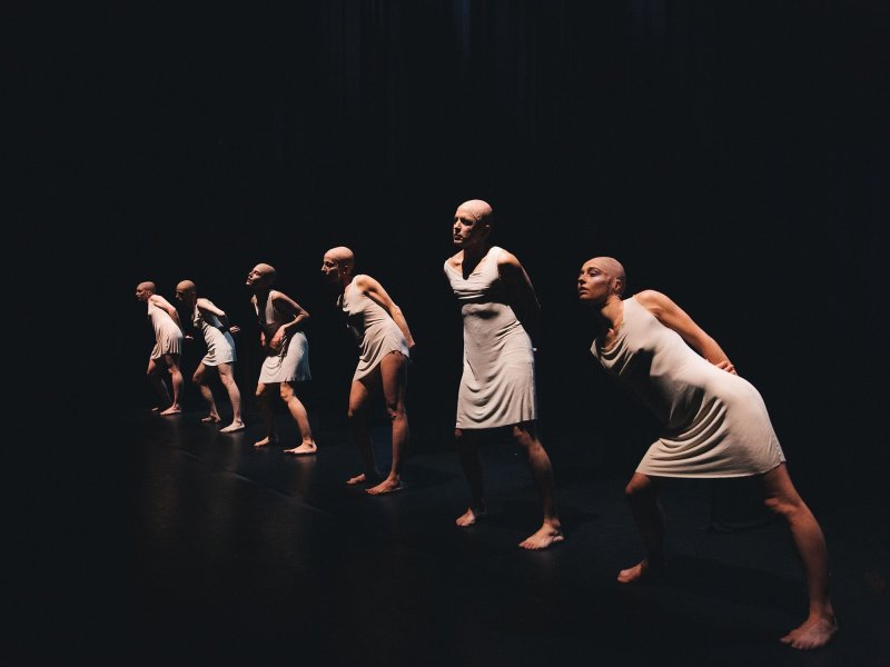 Six people are lined up on a dark stage, leaning to one side. They wear bald caps and simple white dresses.