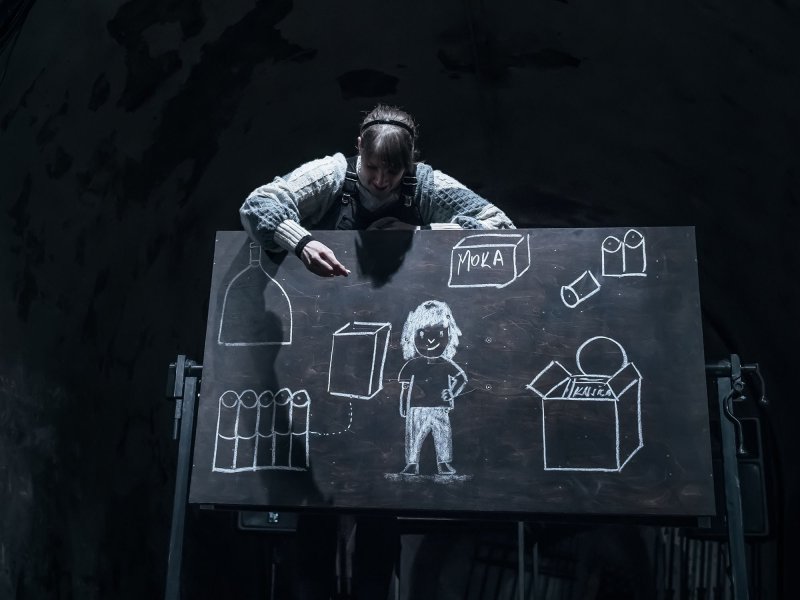 A woman is standing behind a blackboard and reaching over it, while holding chalk in her hand. She has already drawn a girl and various boxes on the blackboard.