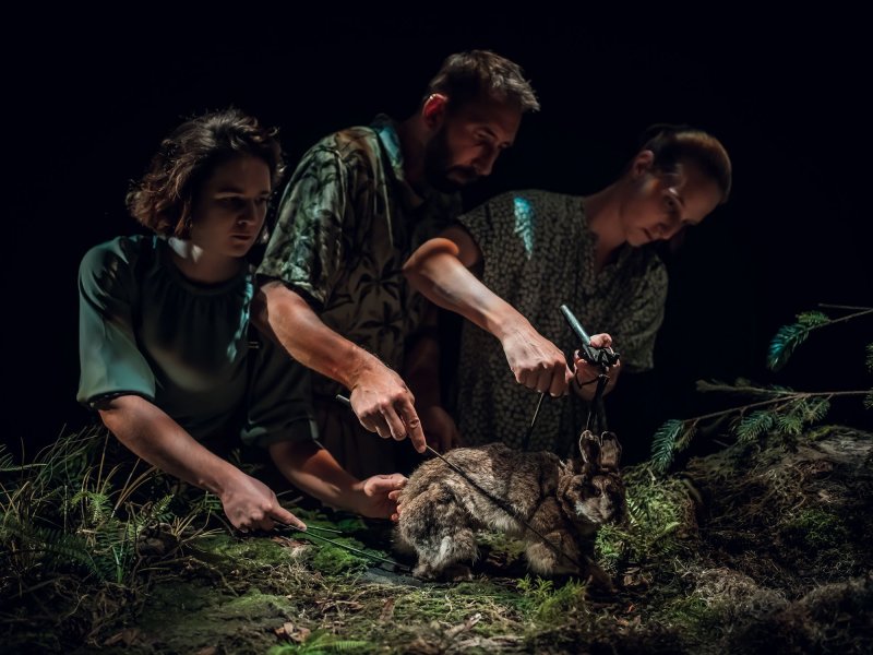 Three people control a realistic rabbit puppet over a background of plants.