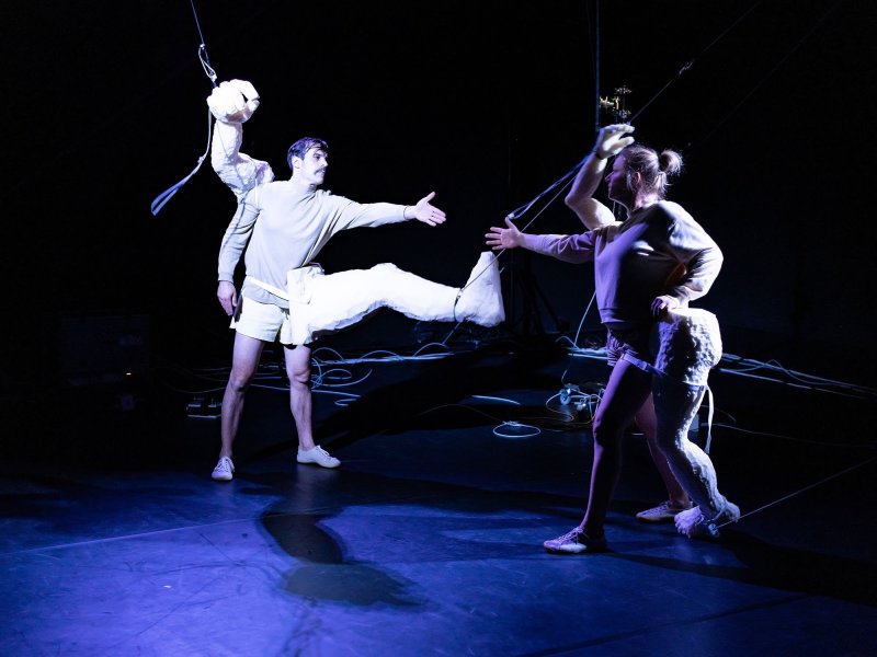 Two people dancing, holding out their hands to each other on a stage. Large additional limbs made of papier-mâché are attached to them.
