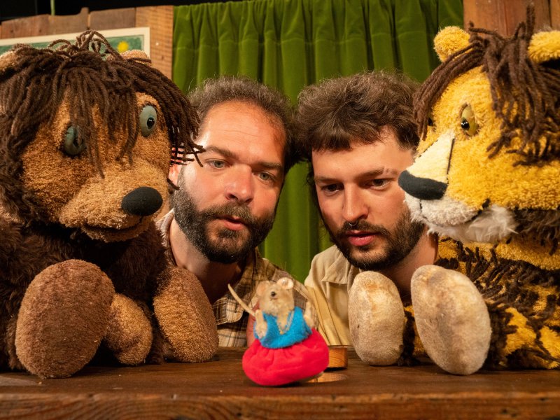 Close-up of two young men framed by two stuffed animal dolls, a bear and a lion,  all looking at a small mouse figure.
