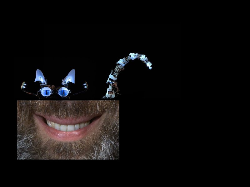 Black background with photo of a grinning man's mouth with a beard. Behind the photo is a cat-like robot with big blue eyes.