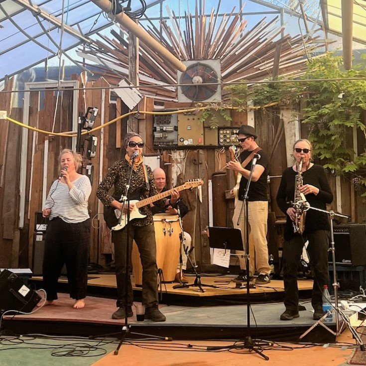Eine Band mit Gesang, Gitarre, Congas und Saxofon tritt auf einer kleinen Bühne in einem rustikal dekorierten Gewächshaus auf.