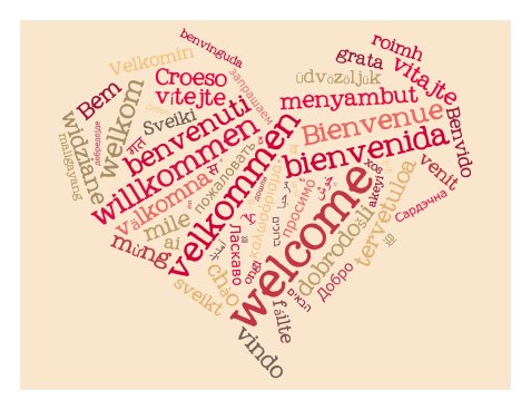Herzform aus Wörtern für "Willkommen" in verschiedenen Sprachen in unterschiedlichen Schriftgrößen und Farben