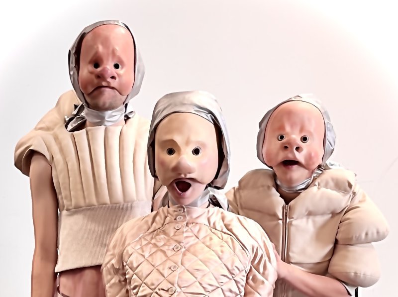 Drei Personen mit ungewöhnlich glatten, maskenhaften Gesichtern und neutralem Ausdruck, gekleidet in helle, gepolsterte Kleidung und Mützen