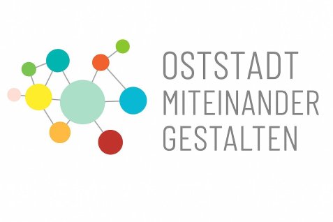 Logo „Oststadt miteinander gestalten“ mit bunten, durch Linien verbundenen Kreisen als Netzwerksymbol.