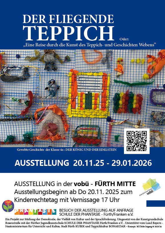 Poster zur Ausstellung "Der Fliegende Teppich, Eine Reise durch die Kunst des Teppich- und Geschichten Webens" vom 20.11.25 – 29.01.2026.