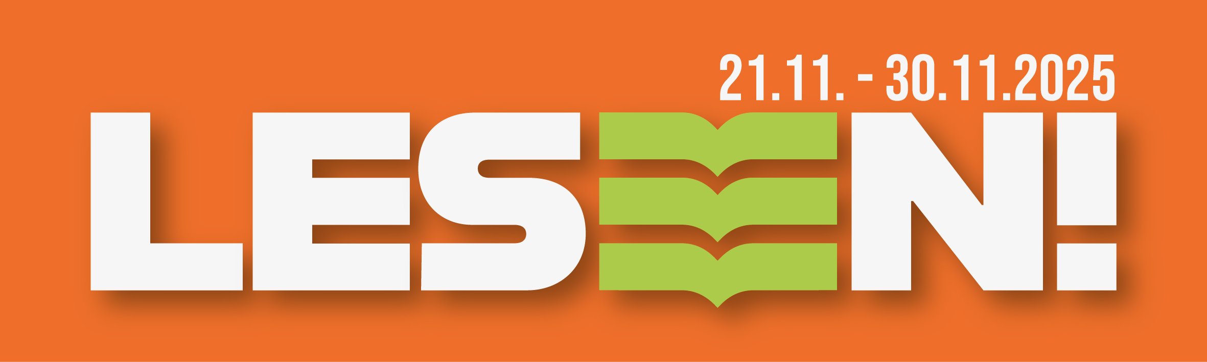 Logo des Literaturfestival LESEN! in Fürth vom 21.11. - 30.11. 2025. Weiße Schrift auf orangenem Hintergrund.