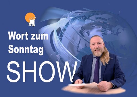 Pfarrer Meybach als Nachrichtensprecher mit Erdkugel im Hintergrund. Text: Wort zum Sonntag Show.