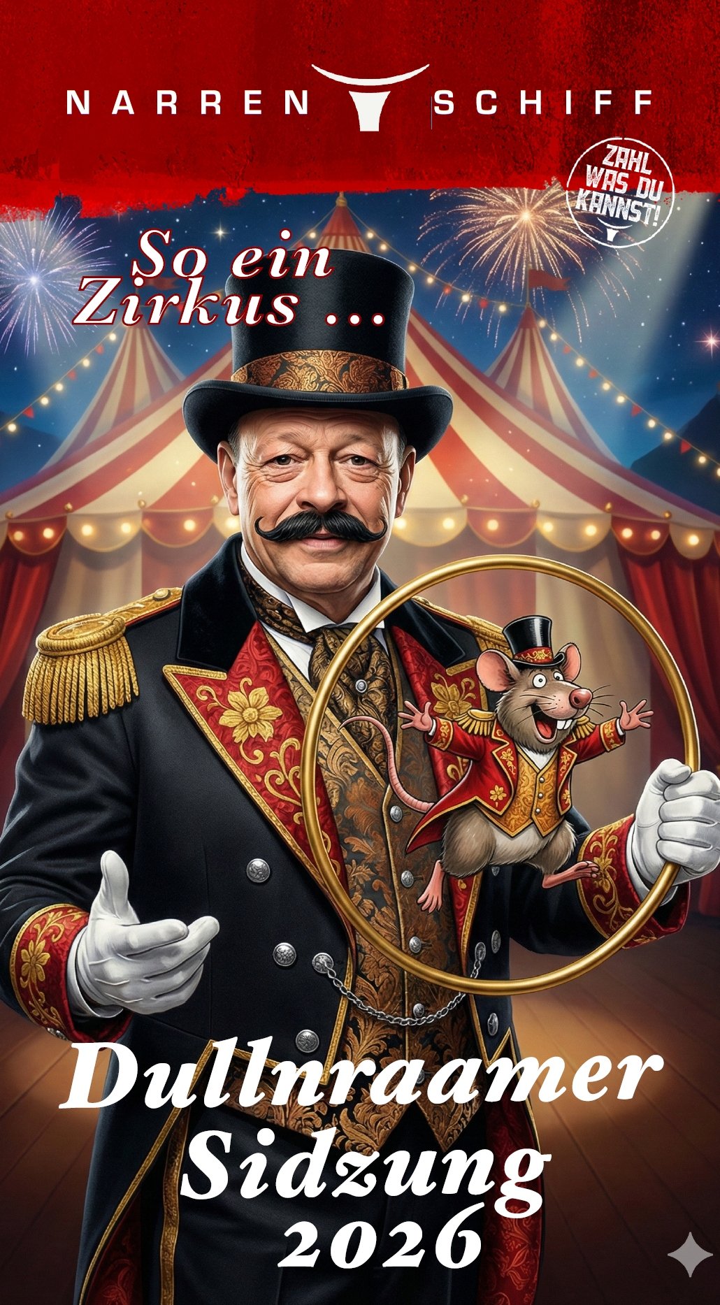 Protagonist Uwe Weiherer als Zirkusdirektor vor Zirkuszelten stehend