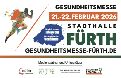 Bunte Silhouette eines laufenden Menschen, daneben Text zur Gesundheitsmesse am 21.-22. Februar 2026 in der Stadthalle Fürth, mit Hinweis auf Begleitmesse Interwohl und Medienpartner-Logos.