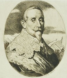 Schwarz-weiße Karikatur von Gustav Adolf in einem ovalen Rahmen, mit Spitzenkragen und Umhang, im Hintergrund Fahnen und Menschenmengen.