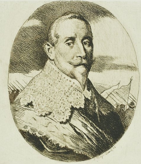 Schwarz-weiße Karikatur von Gustav Adolf in einem ovalen Rahmen, mit Spitzenkragen und Umhang, im Hintergrund Fahnen und Menschenmengen.