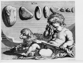 Schwarz-weiße Zeichnung eines sitzenden Kindes mit einem Buch und einem Schaf, darüber mehrere Steine in verschiedenen Formen und Größen.