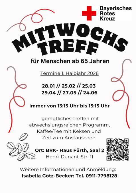 Logo des Bayerischen Roten Kreuzes über dem Titel 'MITTWOCHSTREFF für Menschen ab 65 Jahren' mit Terminen für das erste Halbjahr 2026, dekoriert mit roten und grauen Linien.