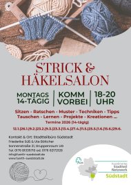 Stricknadeln mit blauem Strickstück, Wollknäuel und Text 'Strick & Häkelsalon Montags 14-tägig Komm vorbei 18-20 Uhr' auf grauem Hintergrund