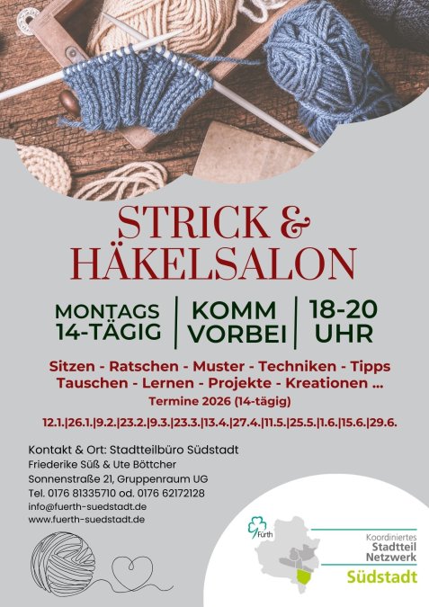 Stricknadeln mit blauem Strickstück, Wollknäuel und Text 'Strick & Häkelsalon Montags 14-tägig Komm vorbei 18-20 Uhr' auf grauem Hintergrund