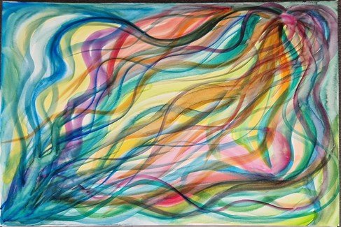 Abstraktes Gemälde mit geschwungenen, farbigen Linien in Blau-, Grün-, Gelb-, Rot- und Violetttönen, die sich über die Fläche ziehen.