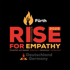 Logo mit rotem Schriftzug »RISE FOR EMPATHY« und gelbem Text »Fürth«, »onebillionrising.de« sowie »2026« vor schwarzem Hintergrund