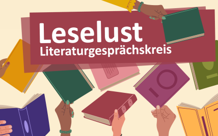Illustration mit Büchern mit dem Veranstaltungstitel Leselust
