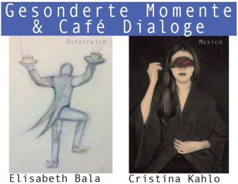 Links eine gezeichnete Figur mit zwei Kaffeetassen in erhobenen Händen, rechts eine Person in dunkler Kleidung mit langem Haar.