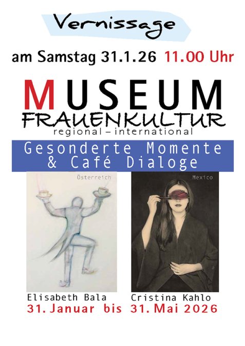 Links eine gezeichnete Figur mit zwei Kaffeetassen in erhobenen Händen, rechts eine Person in dunkler Kleidung mit langem Haar.