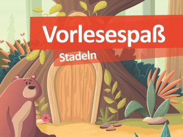 Illustration eines Bären vor einem großen Baum mit einer Holztür und Pflanzen im Vordergrund, darüber ein rotes Banner mit dem Text 'Vorlesespaß Stadeln'