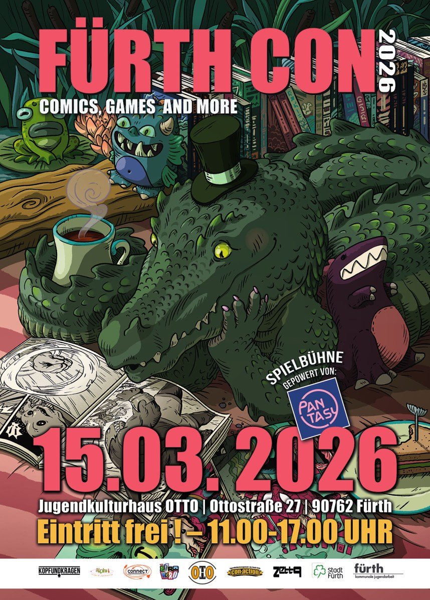 Ein Krokodil mit Zylinder liest auf dem Bauch liegend einen Comic