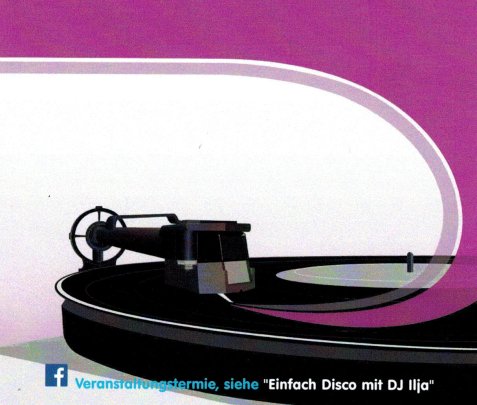 Plattenspieler mit Tonarm auf schwarzer Schallplatte vor lila Hintergrund und Text mit Facebook-Logo