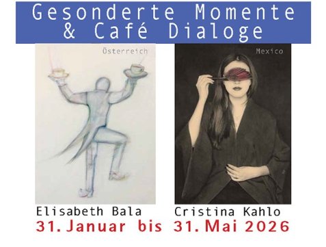 Links eine gezeichnete Figur mit zwei Kaffeetassen in erhobenen Händen, rechts eine Person in dunkler Kleidung mit langem Haar.