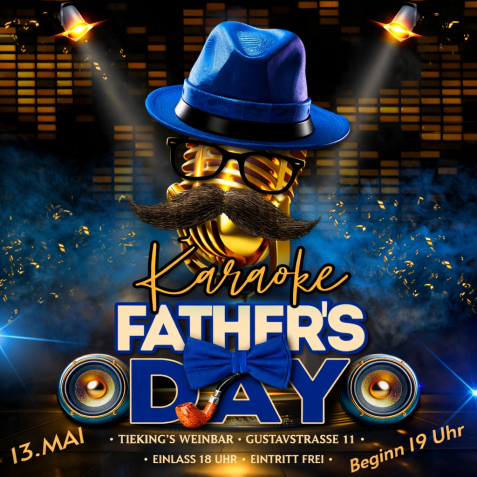 Blaue Fliege, Pfeife und Lautsprecher vor Schriftzug 'Karaoke Father's Day' mit Veranstaltungsdetails auf dunklem Hintergrund